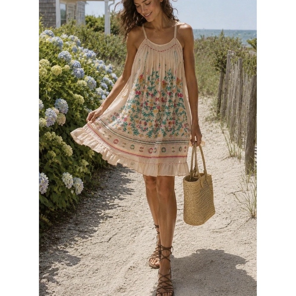 Akemi + Kin Embroidered Dress Size 14 Peach Boho Floral Ruffle Gauze